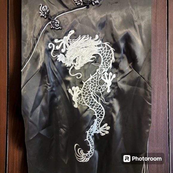 Traditional Chinese Black Satin Shirt with Dragon Embroidery - Picture 3 of 7